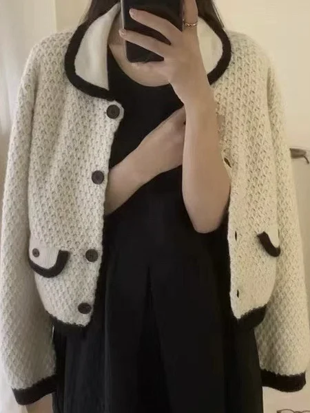 

Vintage Pineapple Pattern Color Block Knitted Sweater Collared Loose Fit Regular Length Women's Fashion Spring Outerwear