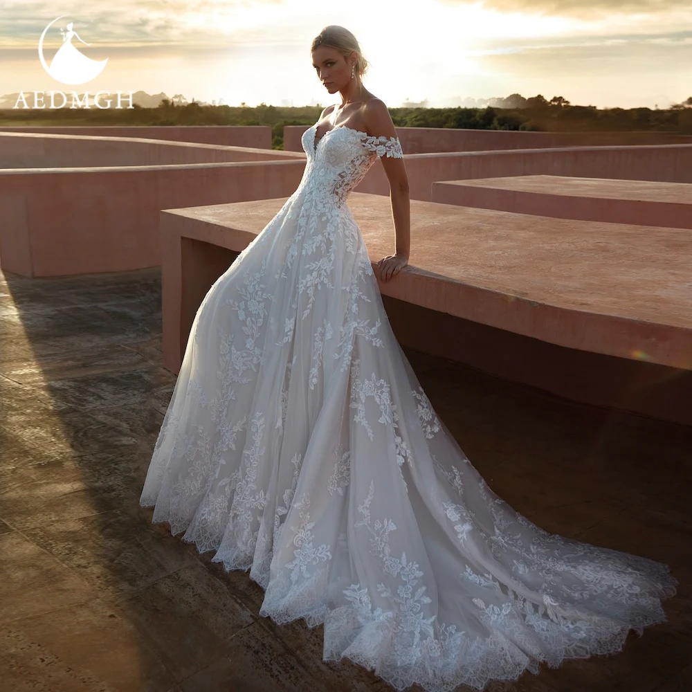 

Aedmgh A-Line Graceful Wedding Dresses V-Neck Off The Shoulder Vestido De Novia Lace Appliques Sexy Custom Made Robe De Mariee