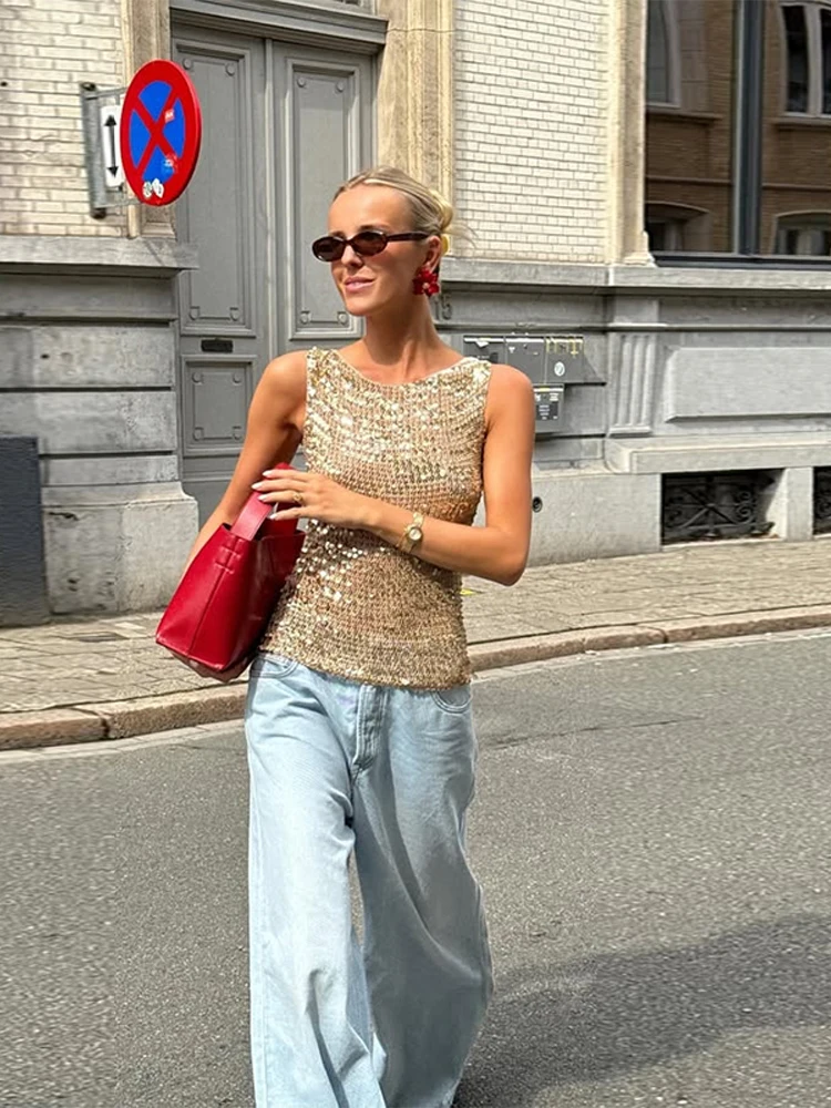 

Sleeveless Vest Top Women Shinny Sequined Round Neck Fashion Nightclub Camisole Lady 2025 Popular Banquet Annual Meeting Clothes