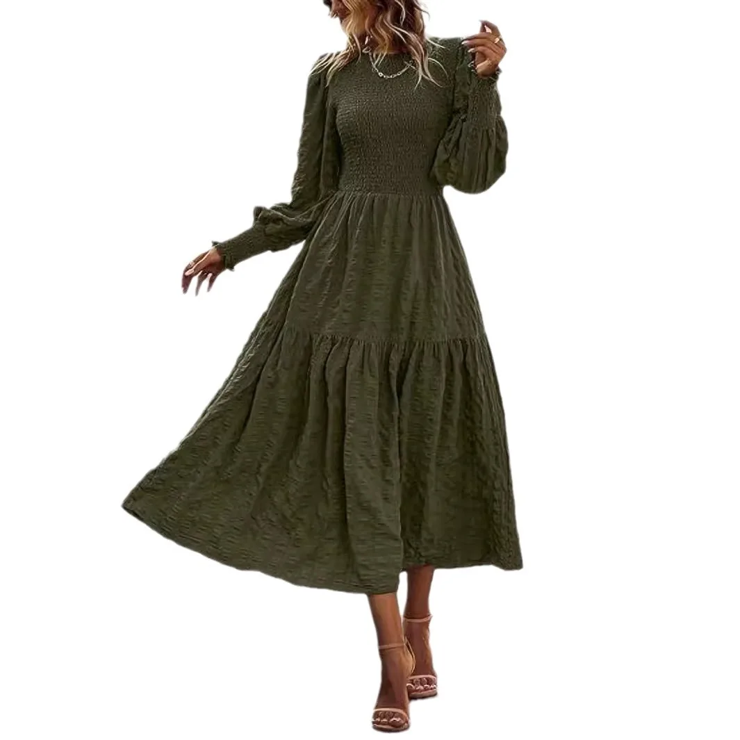 2025 outono inverno novo boêmio smocked maxi vestido lanterna manga em camadas plissado hem saia elegante roupas femininas