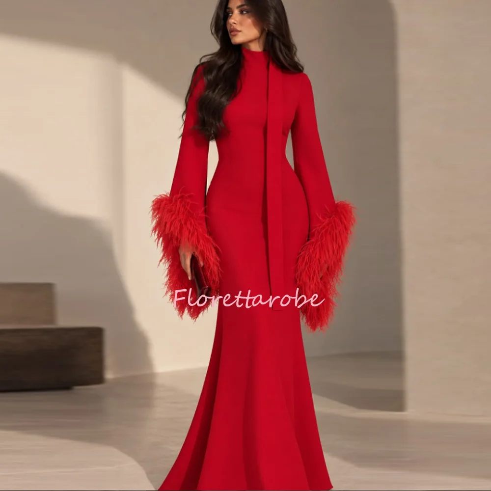 Vestido de noche midi de cuello alto, con mangas con detalles de plumas, corte ajustado, largo hasta el suelo, ideal para eventos formales, cócteles, bodas, fiestas y ocasiones especiales. Se puede personalizar.