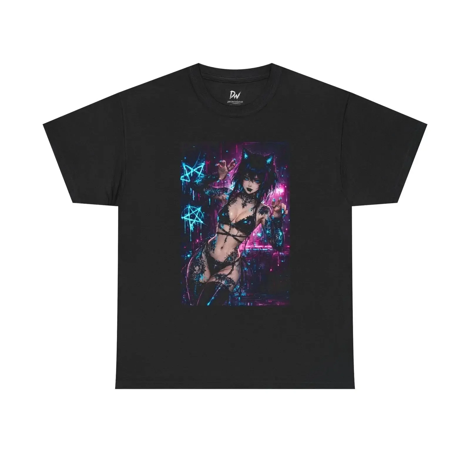 Cyber-Gothic-Mädchen-T-Shirt mit Neon-Pentagramm, dunkle Ästhetik, Vintage-Washed-Look, vielseitige Designerkleidung, Oberteil für den Alltag.