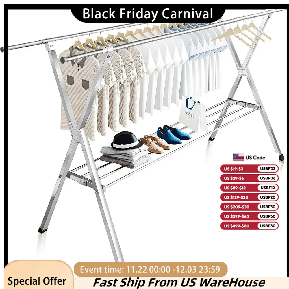 Clothes Drying Rack 2 Tiers, Heavy Duty Drying Rack Clothing Folding Indoor Outdoor, Stainless Steel Laundry Drying Rack