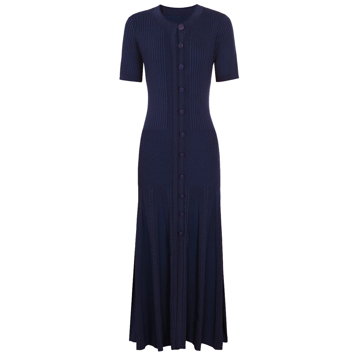 Elegante A-lijn lange shirtjurk Hoge kwaliteit mode Vintage turn-down kraag gebreide maxi-jurk met korte mouwen