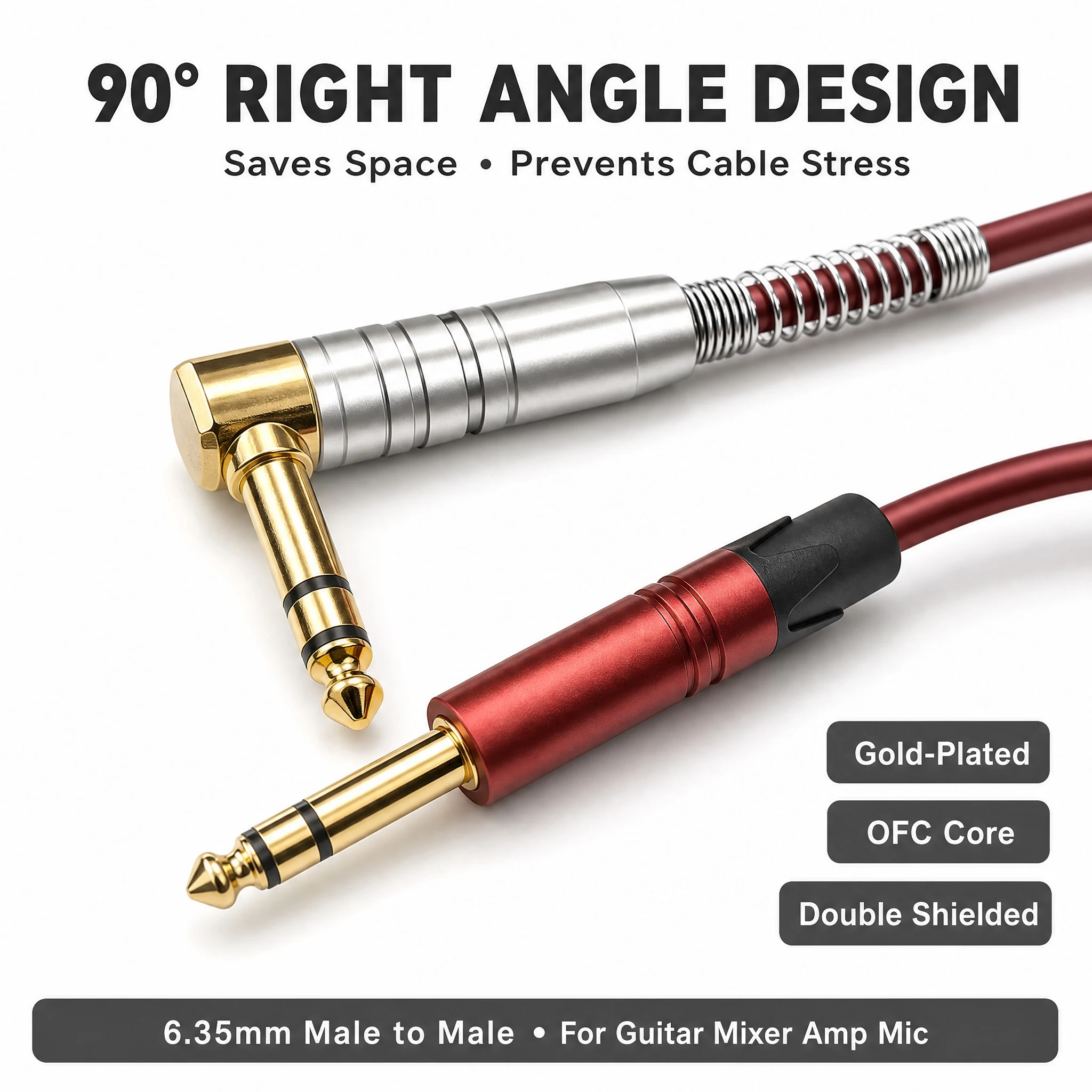 6.35mm TRS Audio Cable 90 Degree Right Angle 1/4 Inch OFC Double Shielded Guitar Cable Gold Plated Connector for Guitar 1M‑30M