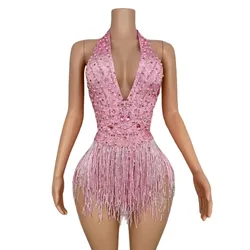 Sexy Bar Nightclub Pink Tassel Beads Leotard Stage Wear DJ Gogo Pole Dance Costume Performance Backless Crystal Fringe Bodysuit
