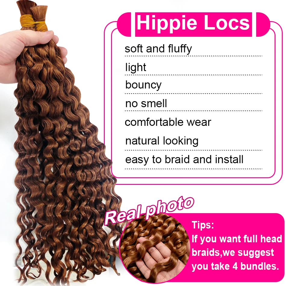 Cabelo Onda Profunda Bulk para Trançar, 100% Extensões de Cabelo Humano, Cabelo Encaracolado para Boho, Tranças Sem Nós, Pacotes de Cabelo Humano Castanho, 30 em