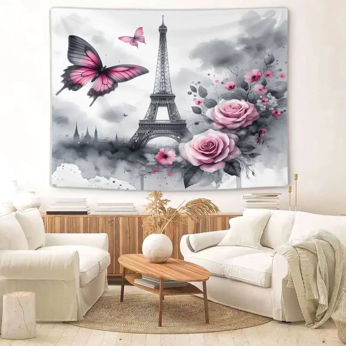 

Musical Note&Rose Eiffel Tower Tapestry:Artistic Romantic Style,ideal for Living Rooms&creative Spaces,for Vibrant Decor Lovers