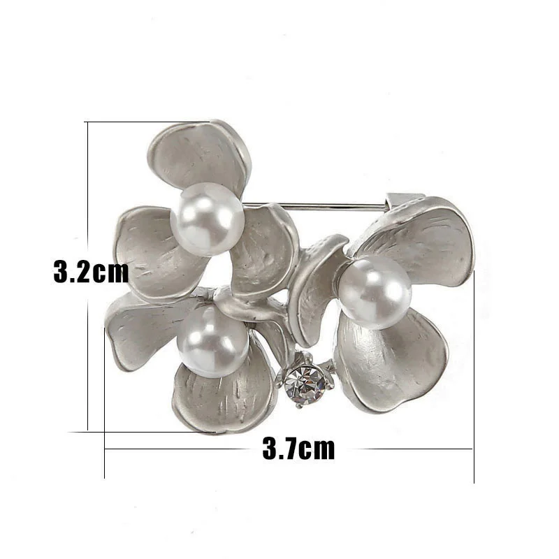 Matte Silver Plated Pearl Flower Brooch Zinc Alloy Crystal Metal Broche Large Flower Brooch Pin Jewelry for Women