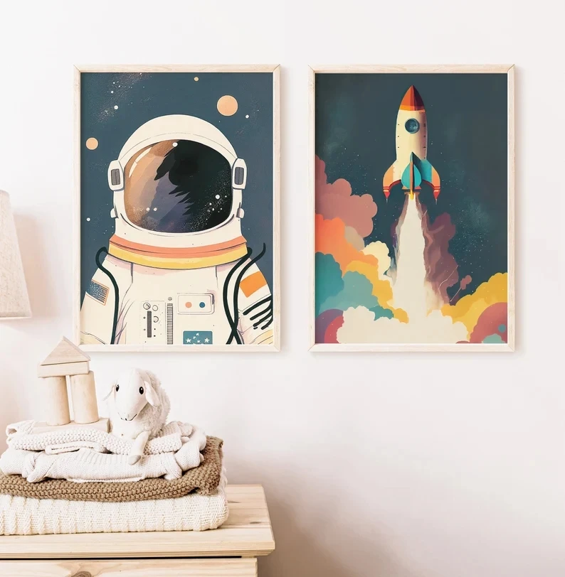 Colorful Space Adventure Cartoon Poster Astronaut and Rocket Illustration Canvas Painting Prints Nursery Wall Art Kid Room Decor