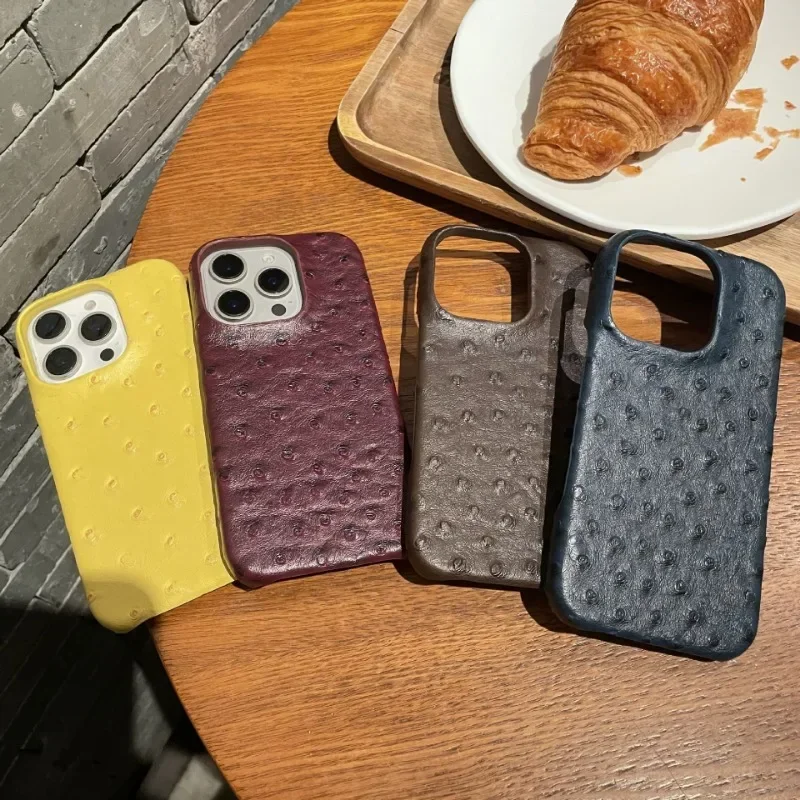 New Leather Phone Case Suitable for iPhone 16promax Ostrich Pattern 15pro 14 Half Pack 13 12 11 Hard Anti Drop Protective Cover - Image 5