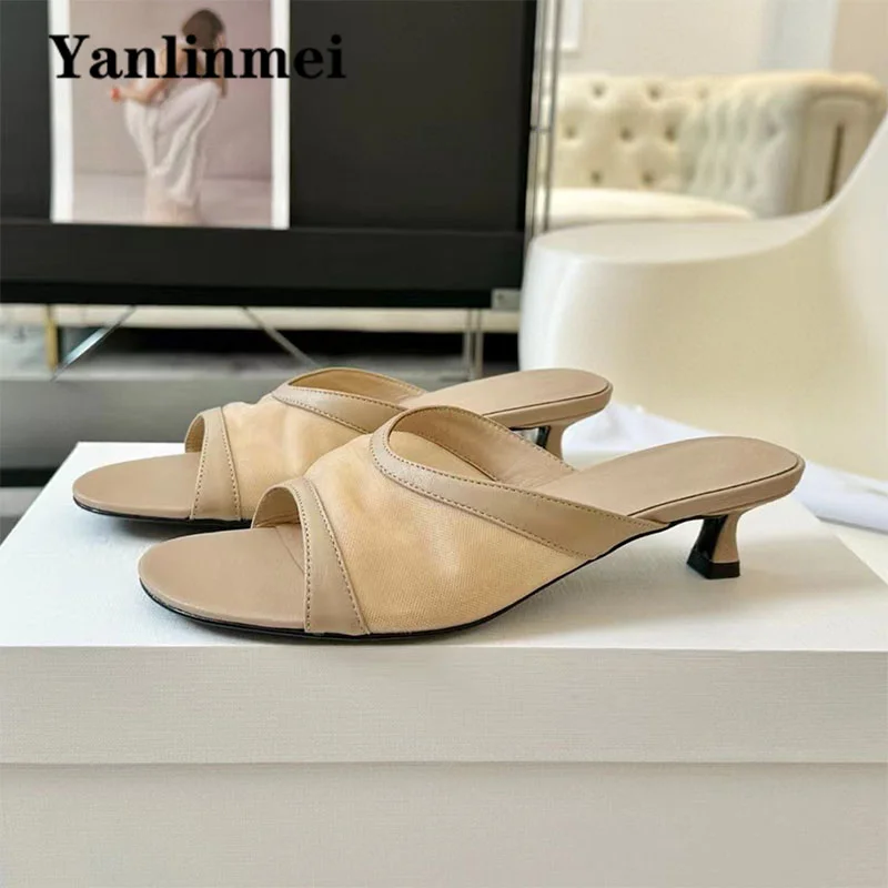 

New Kitten Heels Slippers Woman Mesh Shoes Hollow Outs Mules Open Toe Summer Slides Female Sexy High Heels Runway Slippers Women