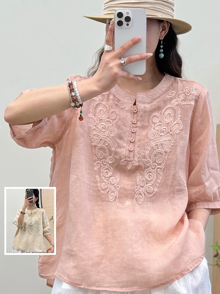 

Retro Cotton Linen Embroidered irt Large Size Women Comfortable f Open Collar Buttoned Head over irt Summer Top