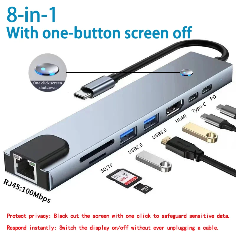

USB C Hub 8-in-1 with One-Key Screen Off, Type C to 4K HDMI, RJ45, SD/TF Card Reader, PD Fast Charge for MacBook Laptop