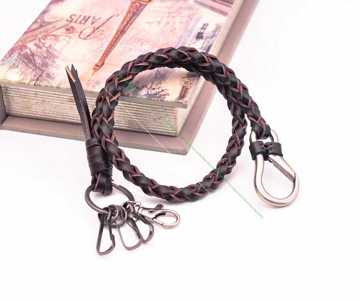 22 Inches 1Cm Brown Leather Wallet Chain Handmade Braided Cowhide Genuine Leather Biker Keychain Purse Chain Pants Chain