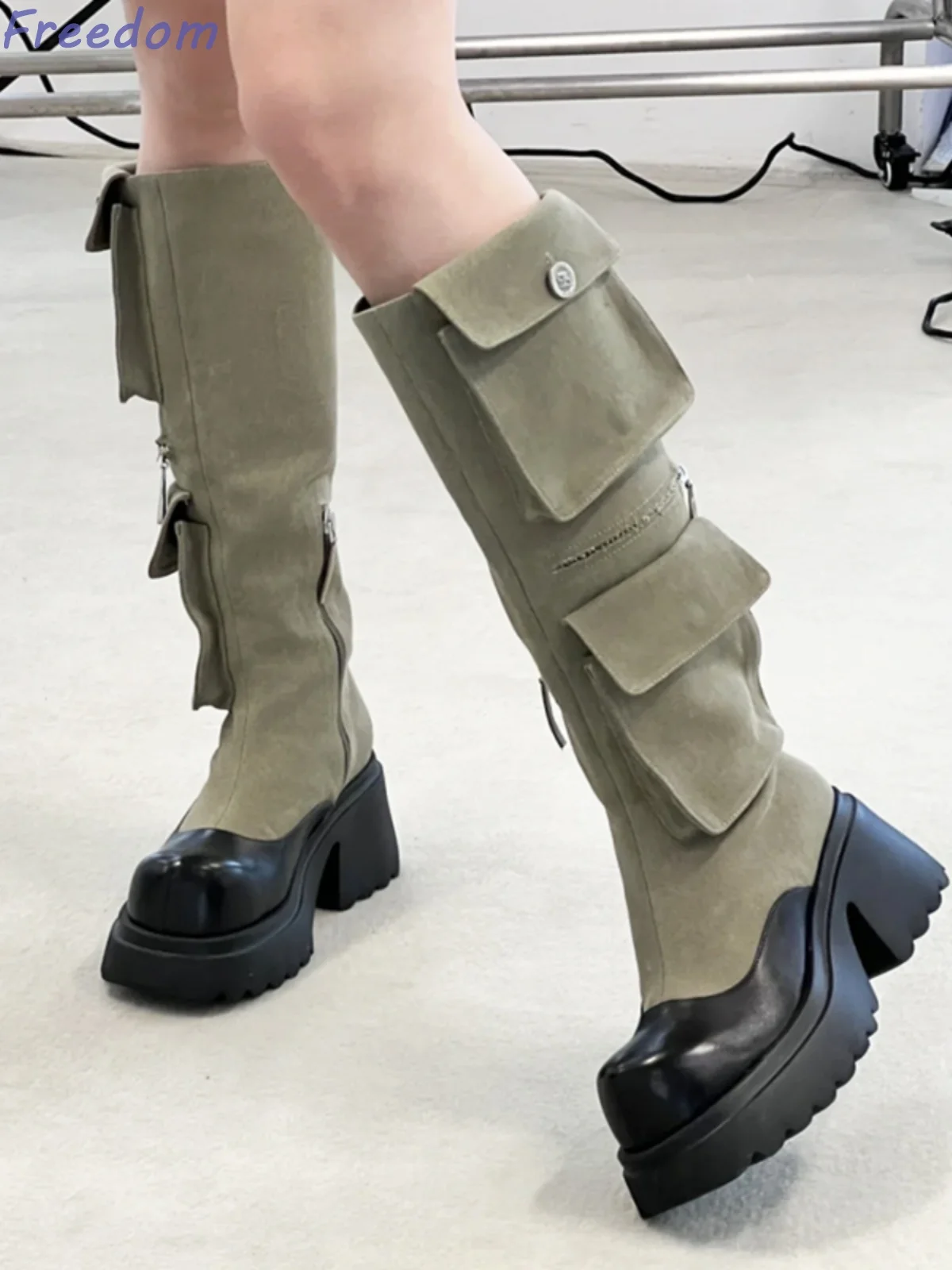 Autumn and winter new fashion leg metal toe versatile high-heeled British handsome knight boots chunky chain boots female