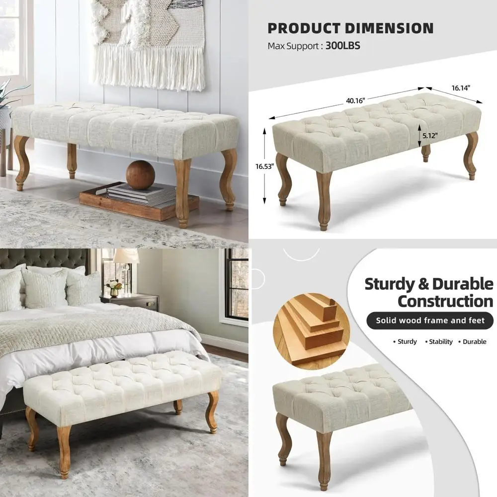 

Винтажная мягкая скамейка для прихожей на пуговицах из льняной ткани с потертыми деревянными ножками для декора гостиной