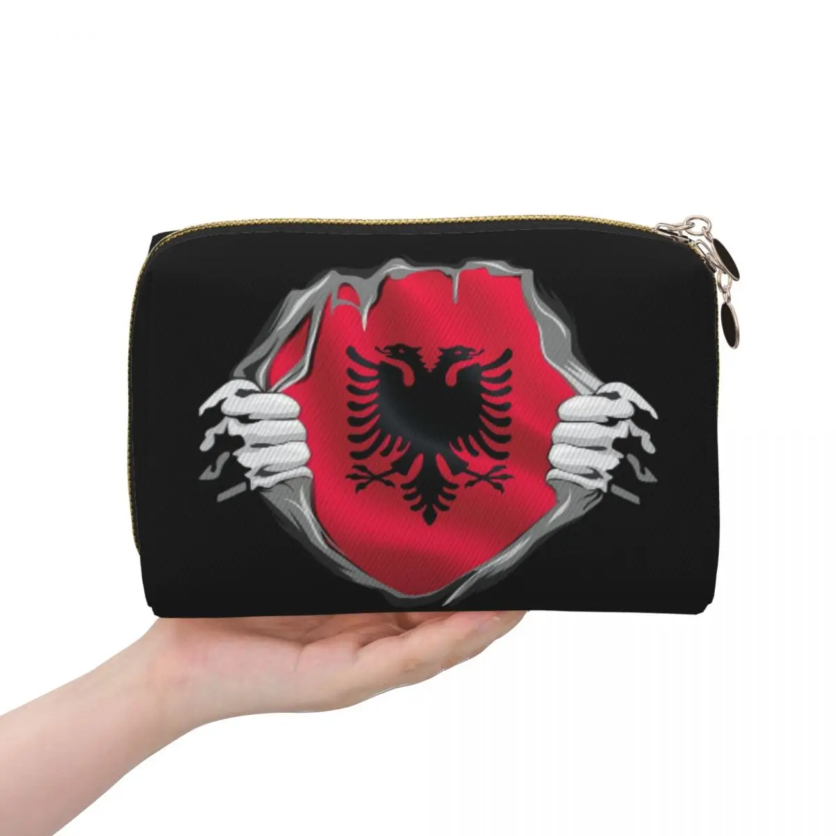 

Руки Рваная Албания Албанский флаг Женская косметичка Дорожный органайзер для макияжа Сумка для хранения туалетных принадлежностей Dopp Kit Box