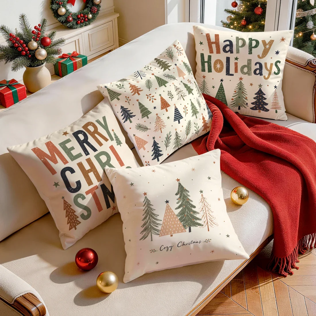 1/4pcs Vintage H-Drawn Christmas Text Cushions Pillowcase Polyester Cushion Cover Throw Pillow Pillowcover Home Car Sofa Decor