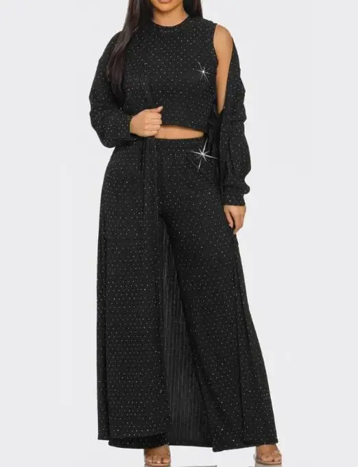 

Осенний новый комплект из 3 предметов: блестящая длинная куртка-кардиган со стразами, жилет без рукавов с круглым вырезом и комплект широких брюк