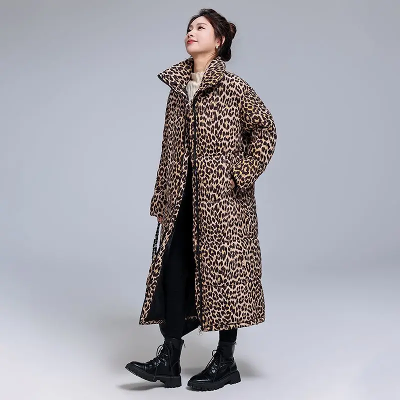 

Plus Size Leopard Print Longline Puffer Coat, Thickened Knee-Length Winter Jacket, Chic & Fierce Style