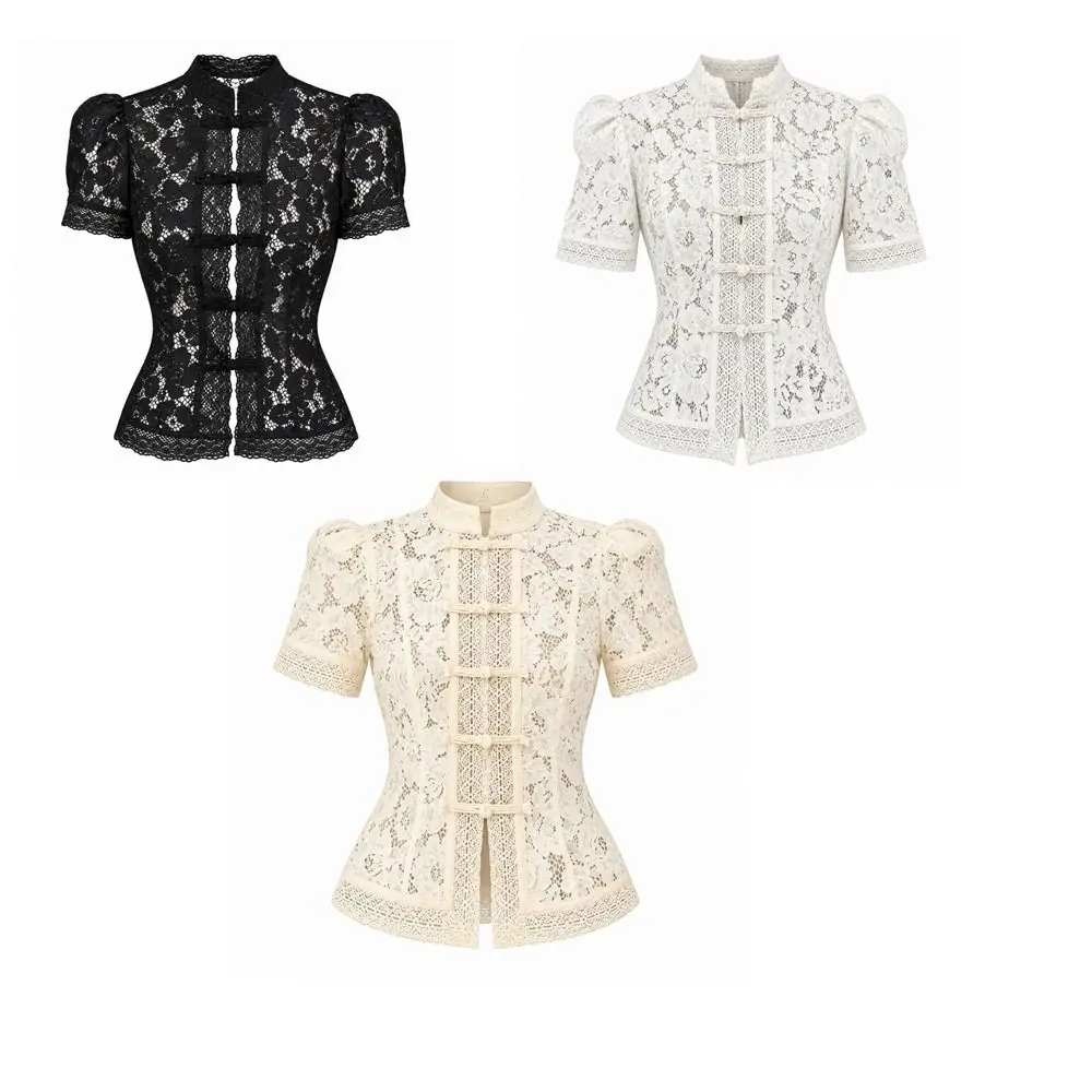 Kurze Bluse mit Puffärmeln und Spitze, schmal geschnitten, mit Spitze und Muster, Hemd mit Froschknöpfen im chinesischen Stil, Damenoberteil, Büro-Lady – Detail 1