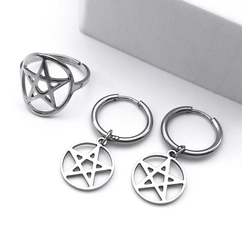 Stainless Steel Pentagram Pentacle Star Necklace for Women Men Punk Hoop Earrings Ring Bracelet Jewelry Set conjuntos de joyas