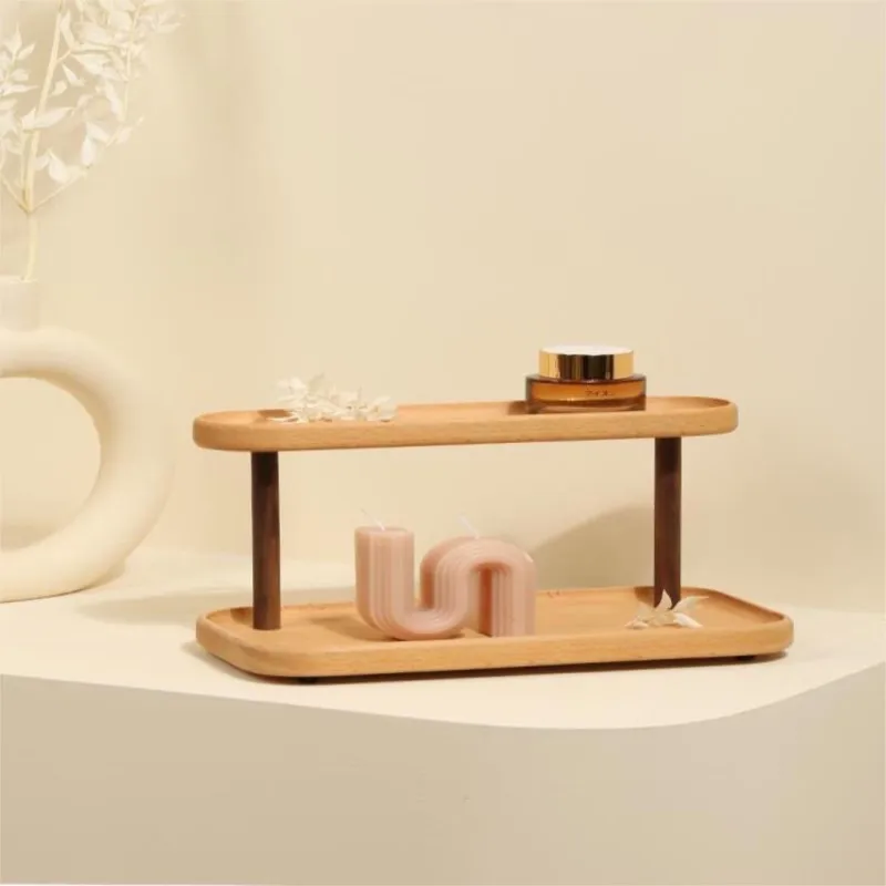 

Bar Counter Walnut Desktop Wood Double layer Storage Rack Perfume Makeup Skin Care Product Storage Rack Sundry Sorting RackZE263