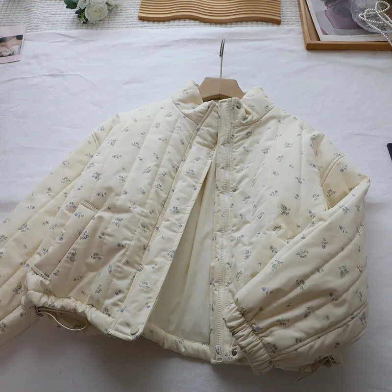 

Корейское свободное пальто с воротником-стойкой и цветочным принтом, теплое хлопковое пальто, женское зимнее пальто небольшого размера с хлебом