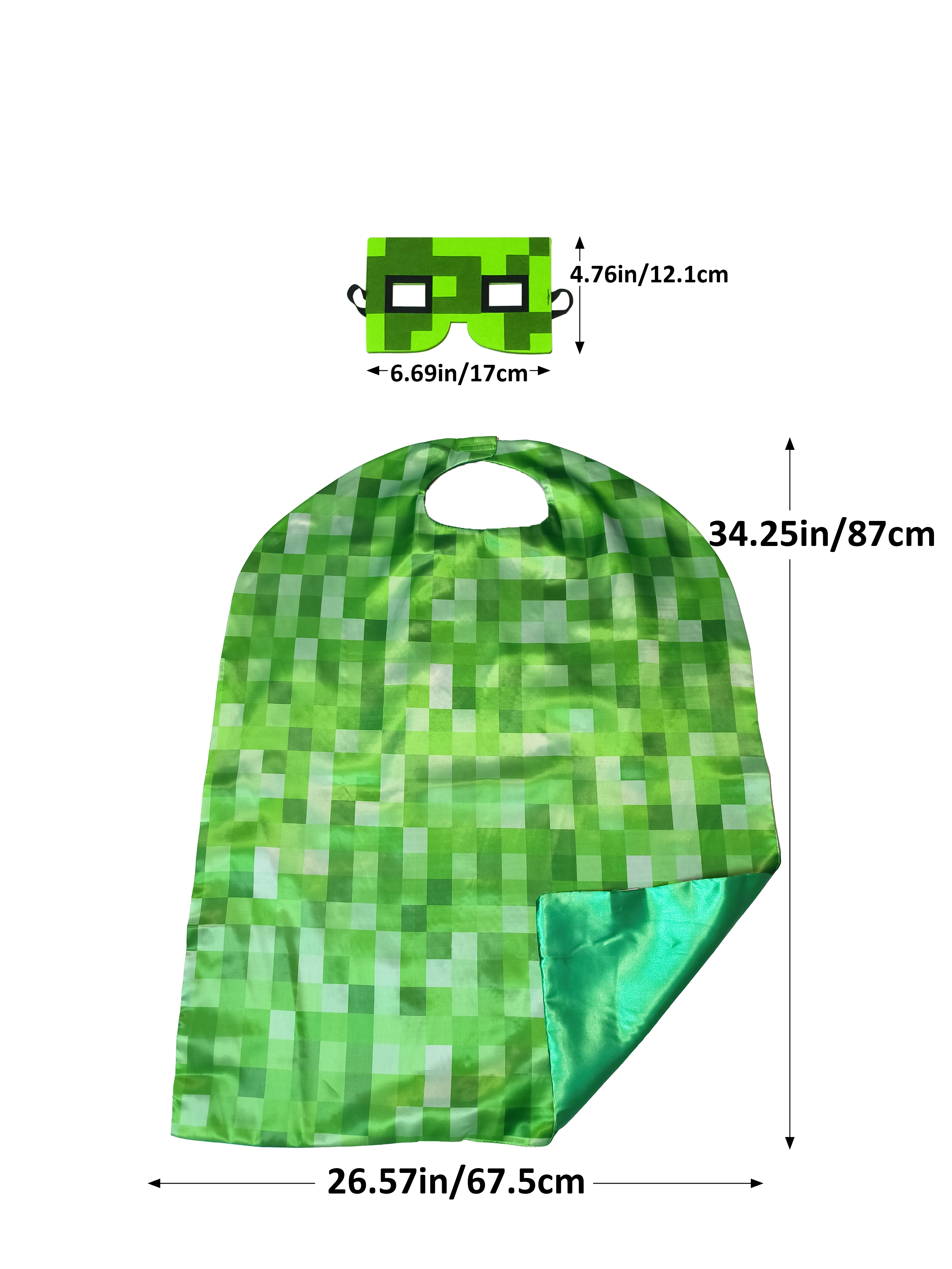 Green Pixelated Plaid Cape & Mask Set for Kids - Blocky Square Costume for Halloween, Christmas, Video Game Themed Party view 3