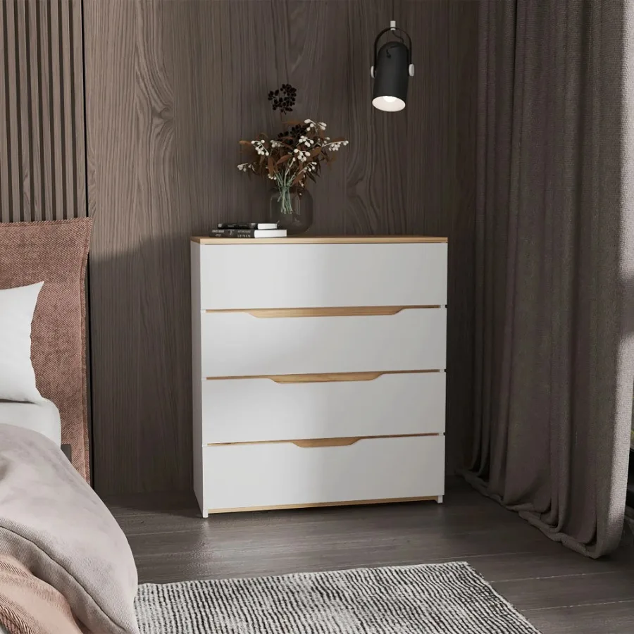 4 Drawer Dresser White and Light Oak Modern Storage Furniture for Bedroom