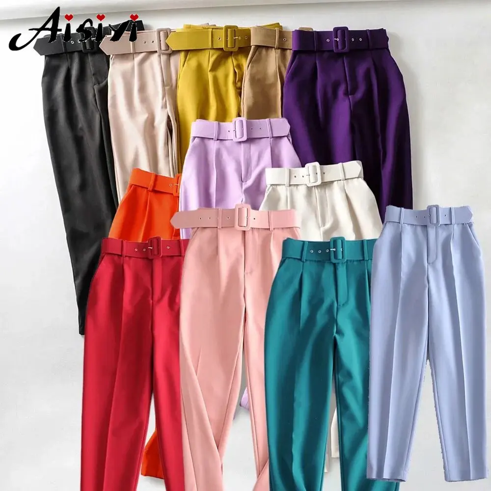 Women's Fashion Front Pocket Office Pants Slim Fit High Waist Belt Accessories Women's Cropped Pants Mujer One Button Multicolor