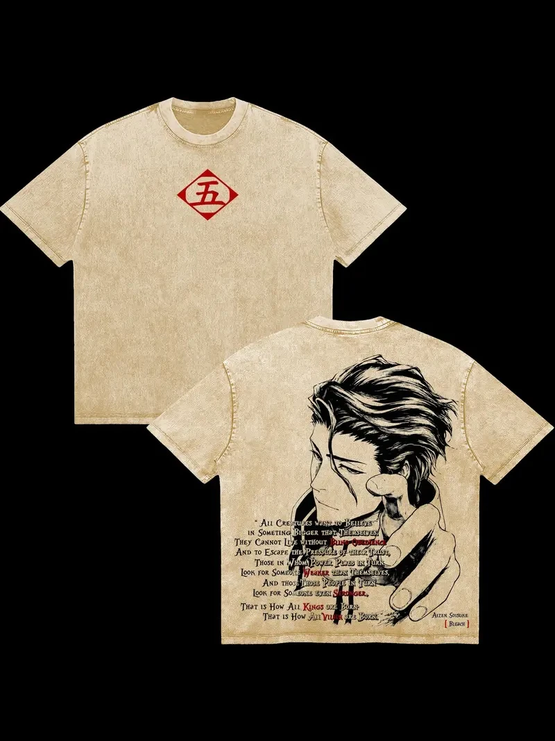 Aizen Sousuke Printed Tee Anime BLEACH Clothing Men Women Retro Washed T-shirt Short Sleeve Tshirt Male Oversized Cotton T Shirt