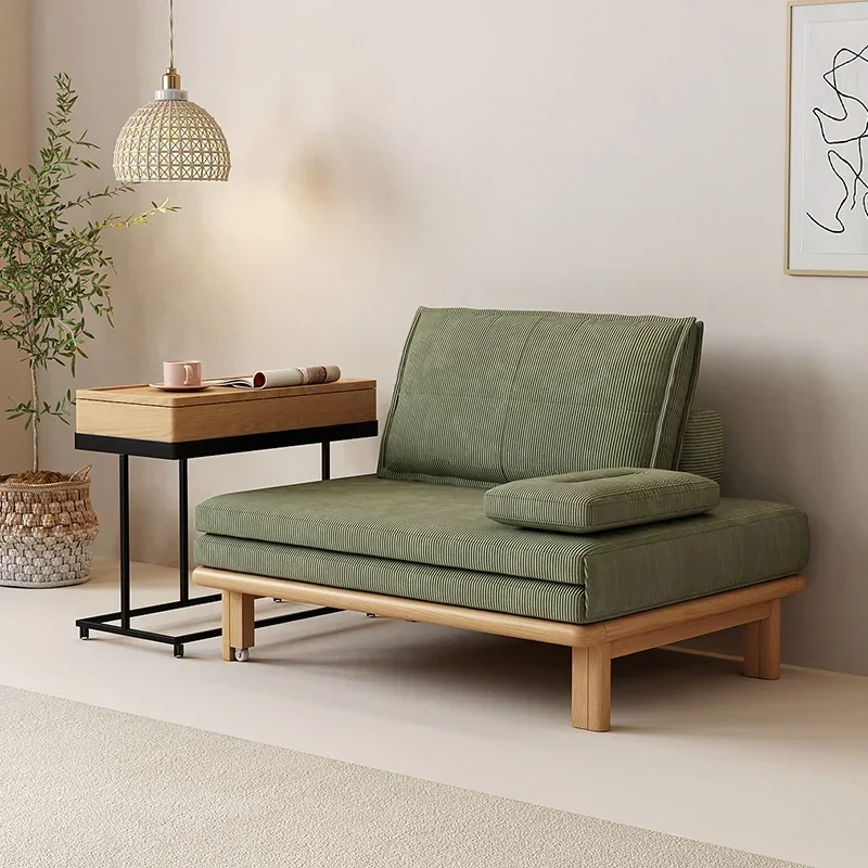 Japanese-Style Retro Single Solid Wood Foldable Dual-Purpose Log Style Functional Fabric Sofa