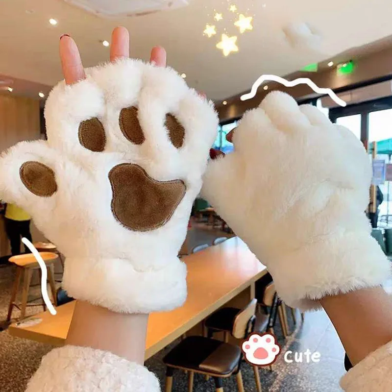 

Wear Cute Fluffy Cat Paw Claw Fingerless Gloves Warm Soft Plush Fingerless Panda Mittens Half Finger Women Winter Christmas Gift