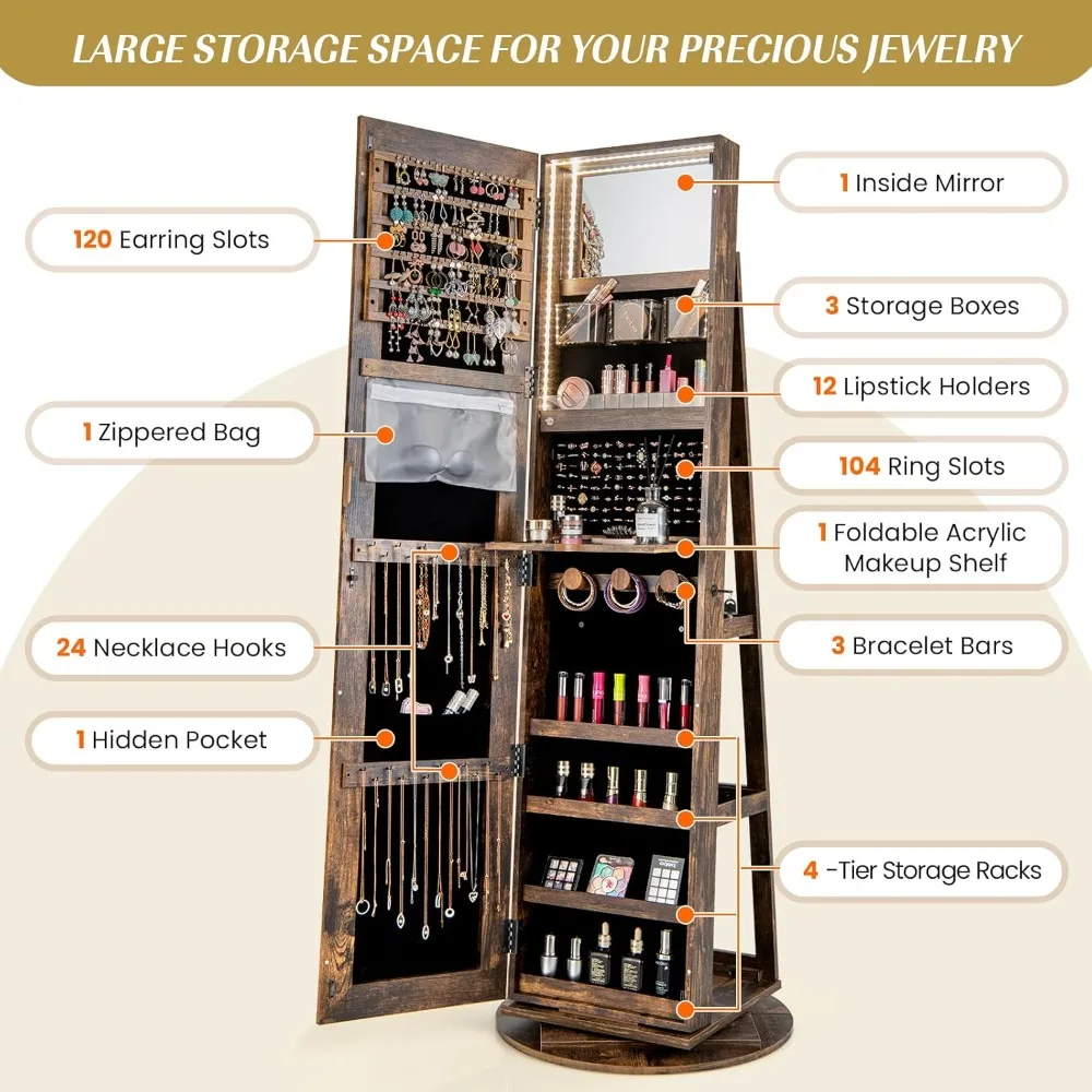 "360 Degree Rotatable Lockable Jewelry Cabinet with Full-Length Mirror and 3-Color LED Lights, Rear Storage"