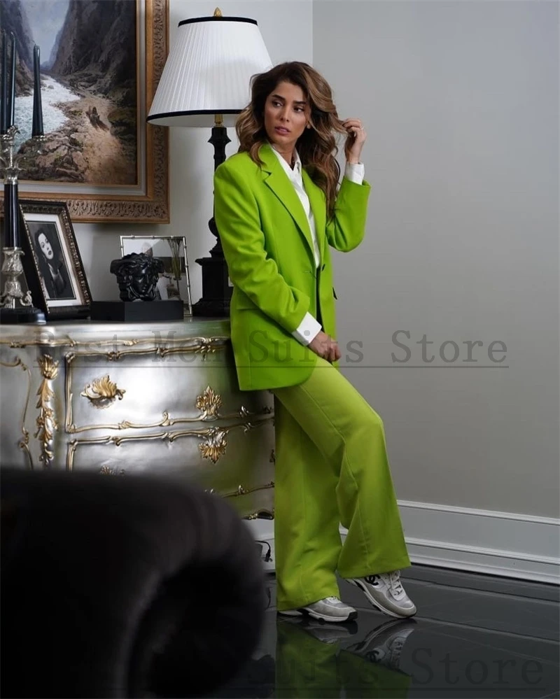 Vrouwen Broek Past Set 2 Stuks Casual Losse Een Knop Blazer + Licht Groene Broek Женский Костюм Prom Jurk Jas custom Made