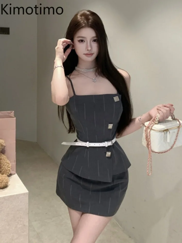 Kimotimo Summer Sexy Spicy Girl Sleeveless Vest Tank Top Camis High Waist Wrapped Mini Skirt Korean Style Two Piece Sets Femme