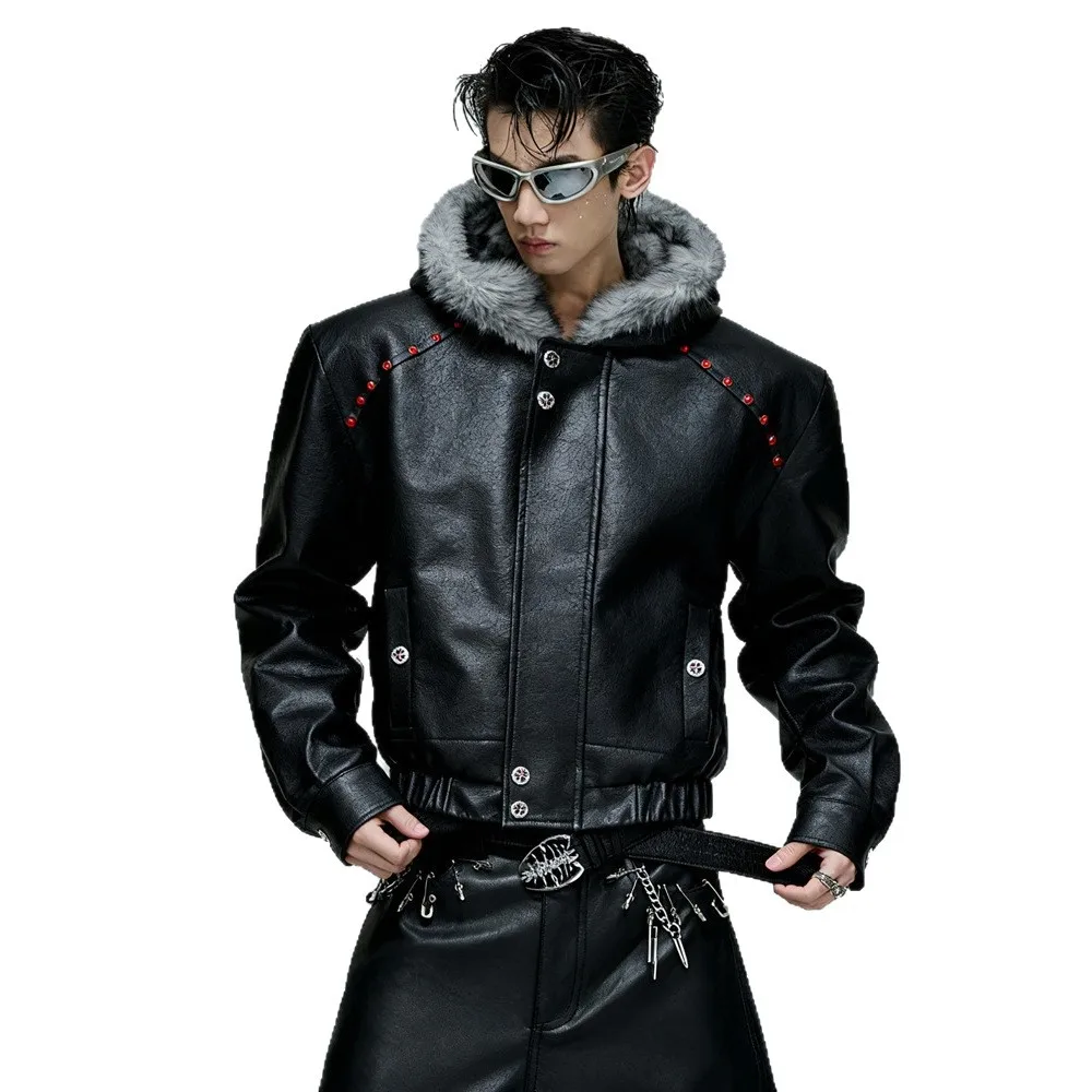 

Men's Fashion Leather Overcoat With Faux Fur Collar Winter Warm Windproof PU Parkas Thick Thermal Jacket Outerwear For Male