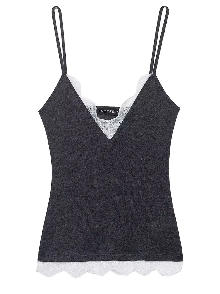 เสื้อสายเดี่ยวลูกไม้เซ็กซี่สำหรับผู้หญิง คอวี แขนกุด เสื้อกล้ามสีพื้น ผ้าบางเบา สไตล์ลำลอง แฟชั่นสตรีทแวร์เก๋ไก๋