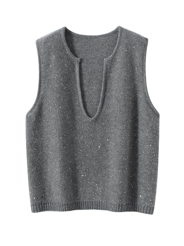 

TLOML Luxury New Women 100% Cashmere Sweater Deep V-neck Cashmere Sequin Waistcoat Autumn Winter Comfy Cashmere Sleeveless Tops