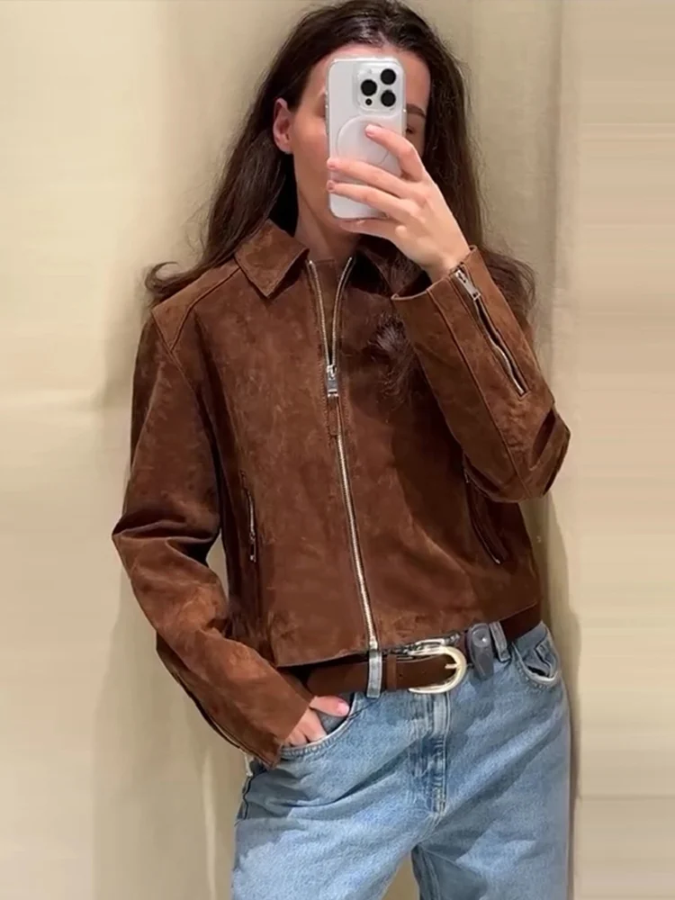 

Retro Brown Suede Jacket Women Chic Lapel Collar Long Sleeve Zipper Female Blazer 2025 Spring Lady Fashion Y2k Outerwears New