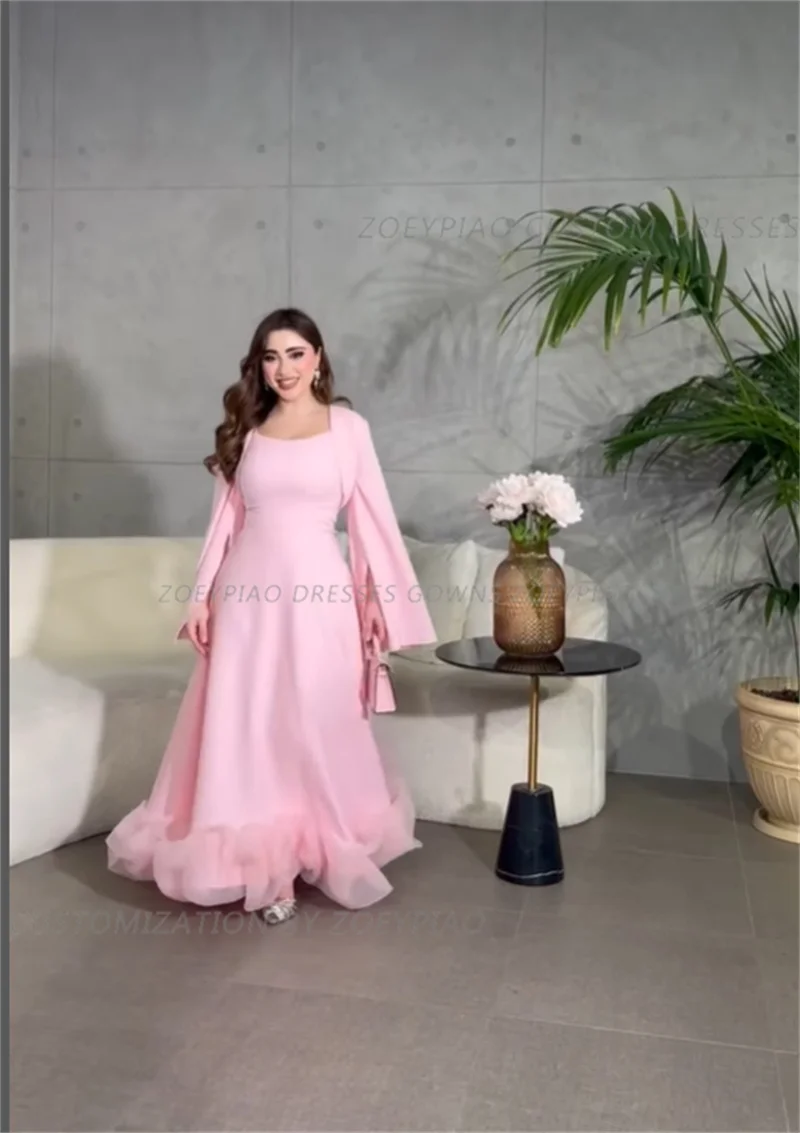 Charming Princess Pink Short Strapless Stain Evening Dress Full Cape Sleeves Arabic Pleated Ankle Length Prom Gown Vestidos