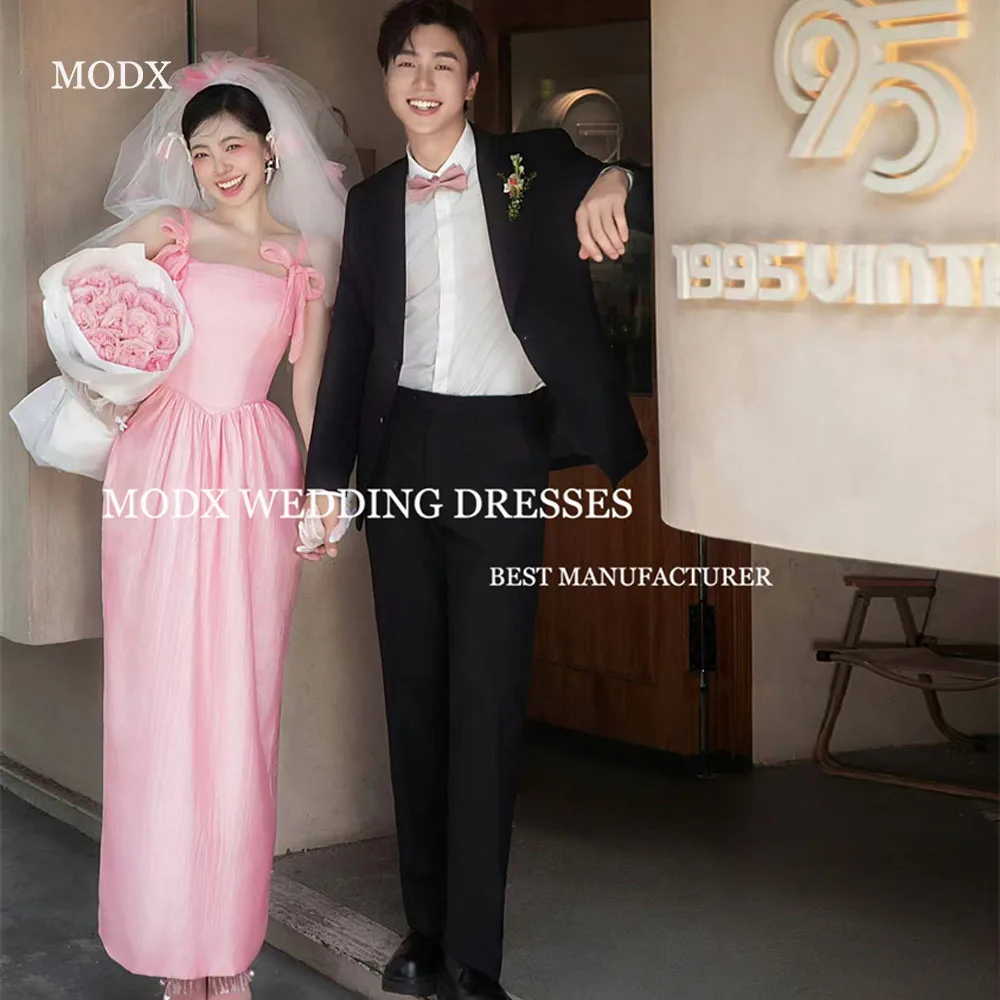 MODX Sweet Pink Evening Dresses Korea Wedding Photo shoot Strap Bowknot Soft Satin Ankle Length Evening Gowns Party Dresss