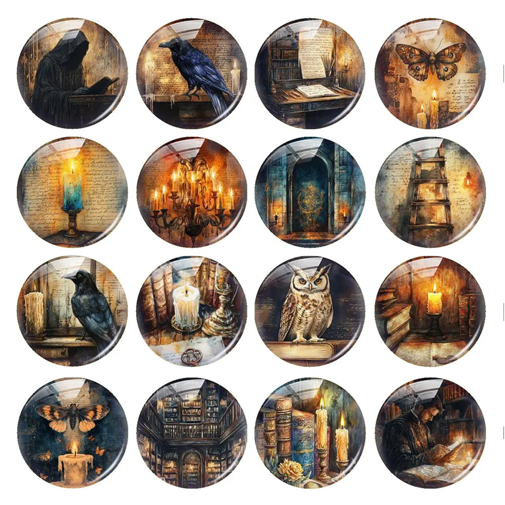 Random Mixed Round/Oval/Square Gothic Dark Library Raven Owl Candle Photo Glass Cabochon Flatback Demo Cameo Diy Jewelry Making