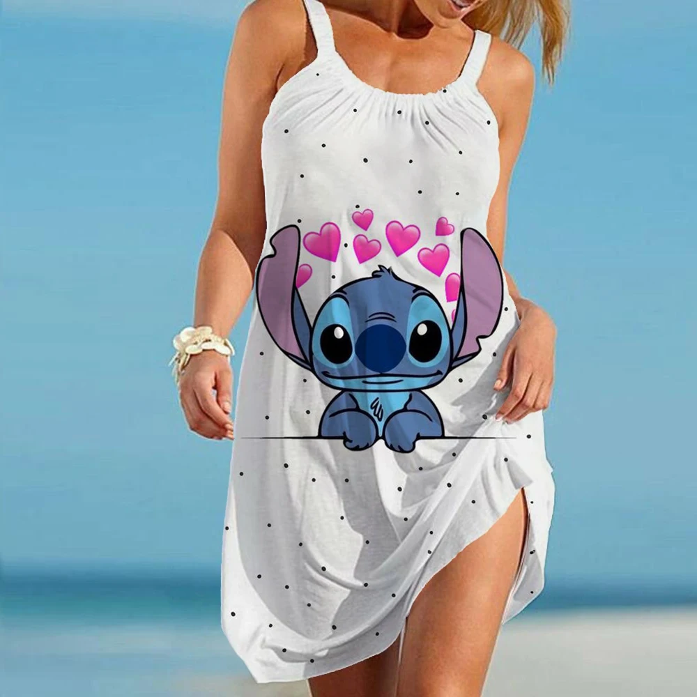 Strand kleid y2k lose elegante Kleider für Frauen 2024 Party Cartoon sexy Frau Kleidung Robe Stich Schlinge ärmel los bedruckte Boho