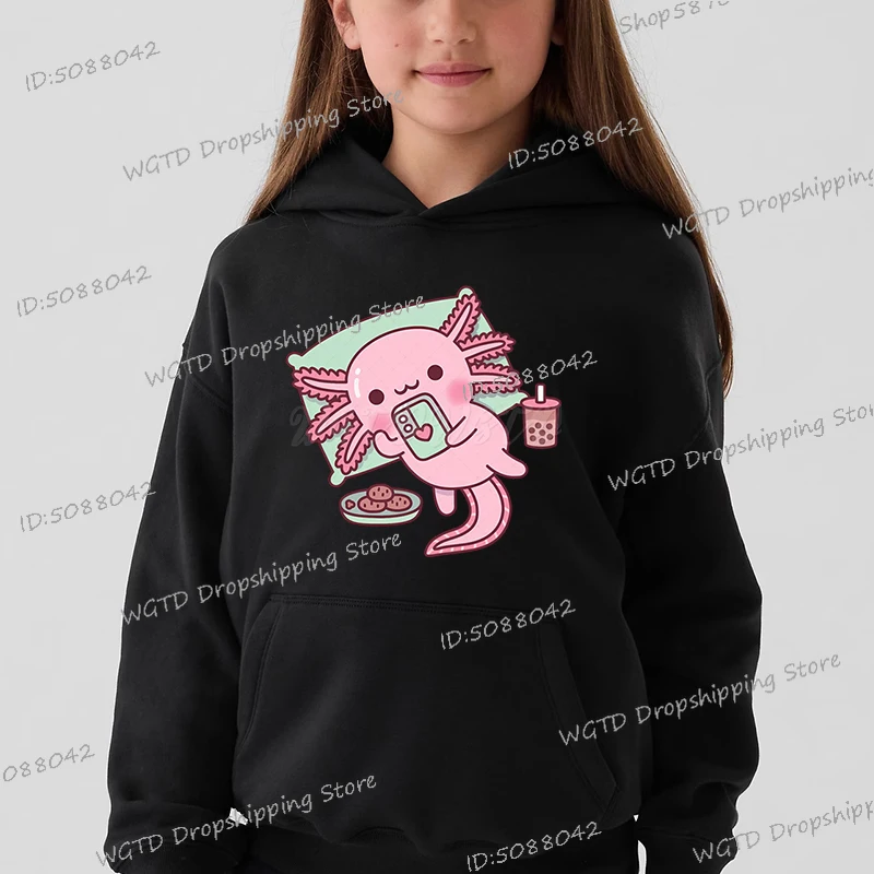 New Axolotl Cartoon Kids Hoodie Cute Axolotl Eating Ramen Noodles in Bowl Graphics Black Hooded Boys Girls Funny Axolotl Hoodies