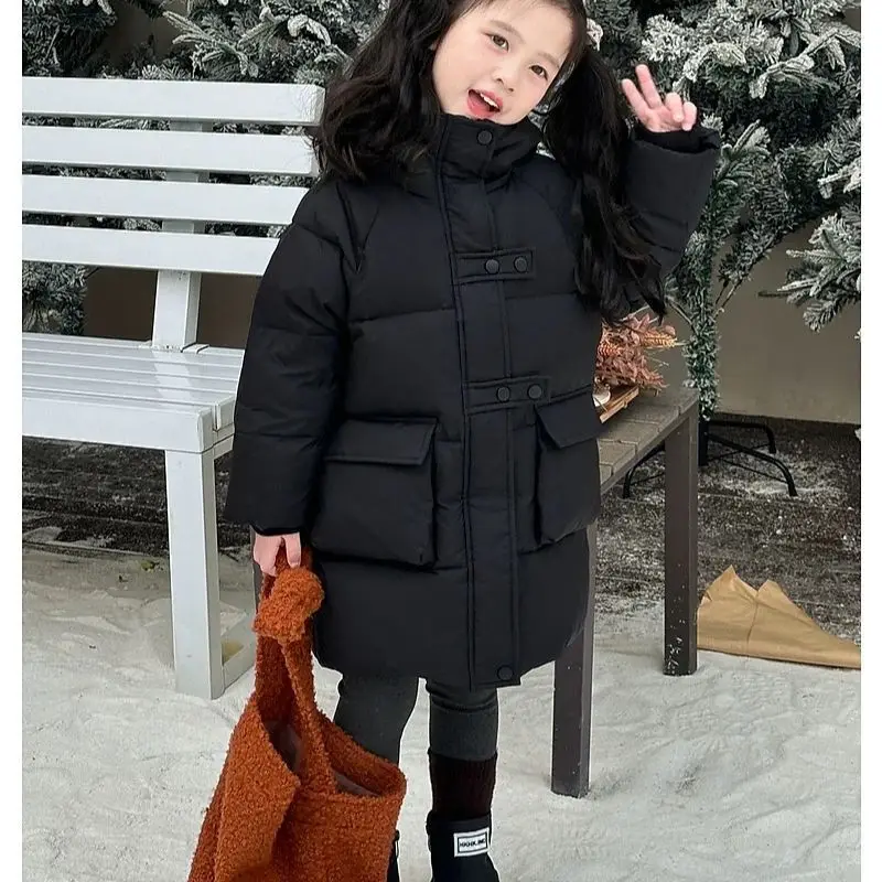 ZOETOPKID Long Style Teen Girls Jacket Winter New Solid Color Thick Warm Hooded Zipper Windbreaker Girls Cotton Down Coat