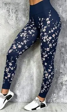 Women Navy Small Floral Print Fleece Lined Leggings Mid Waist High Stretch Yoga Casual Pants