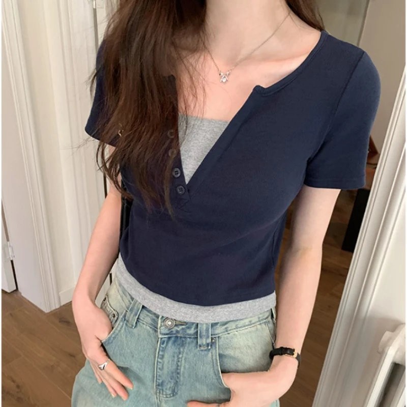 Fake Two Pieces T-shirts Women Summer New Short-sleeved Solid Color Slim Casual Thin Korean Style Office Lady Short Tops Female